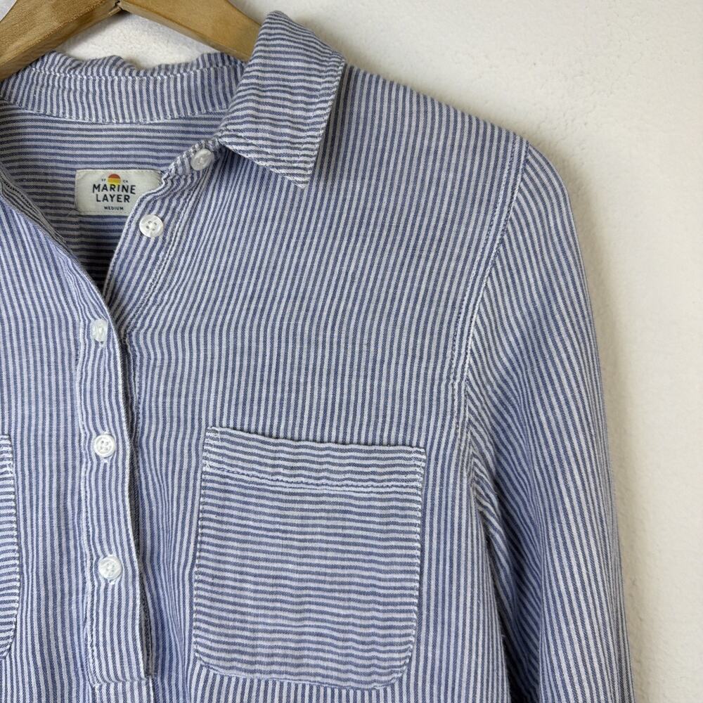 Marine Layer Womens Popover Top Medium blue White Long Sleeve nautical vacation - Picture 3 of 14